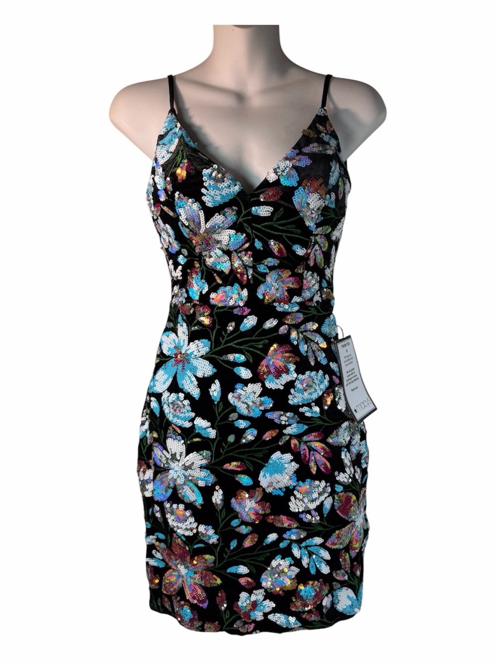 Floral Sequin V-Neck Bodycon Mini Dress S Katia Rae Black Cocktail Party Formal - Picture 15 of 15